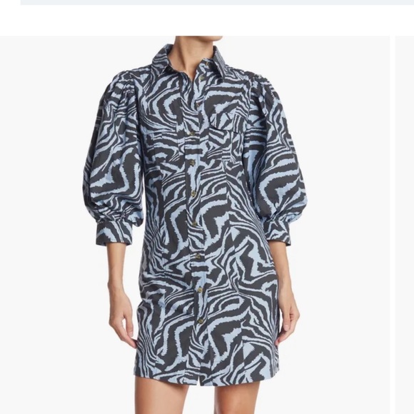 Ganni Blue Black Zebra Animal Print Puff Sleeve Mini Dress Size Small - Picture 4 of 11